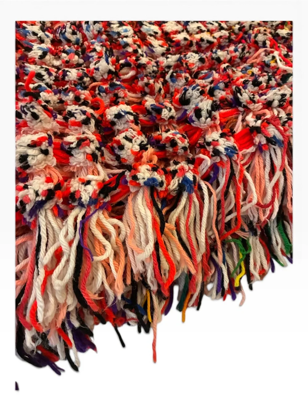 Unique Woven Pom Pom and weave multicolored yarn throw blanket. Hand made. 5’x5